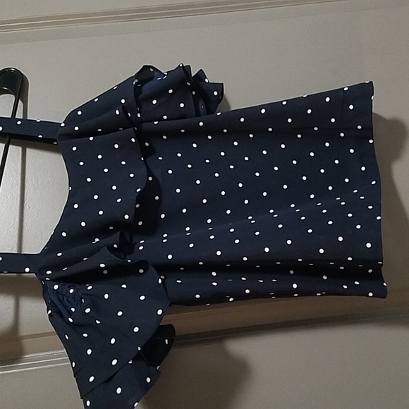 J.Crew Off the Shoulder Navy Blue and White Polka Dot Top with Straps - Picture 2 of 2